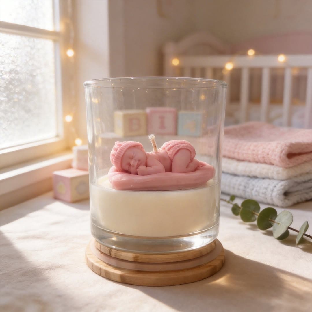 Sleeping baby cherub candle in clear glass tumbler