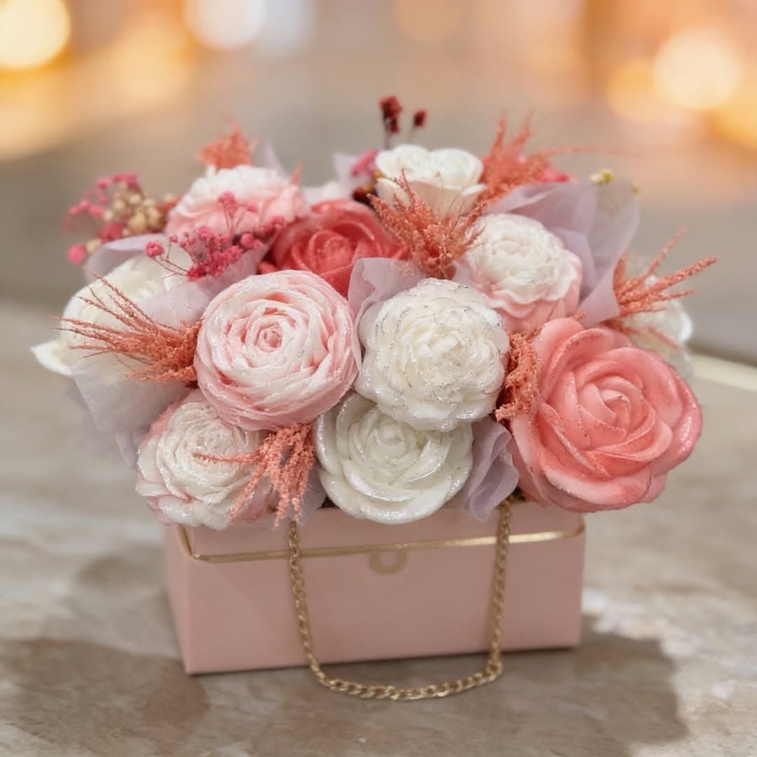 Pink rose candle gift bag with chain handle