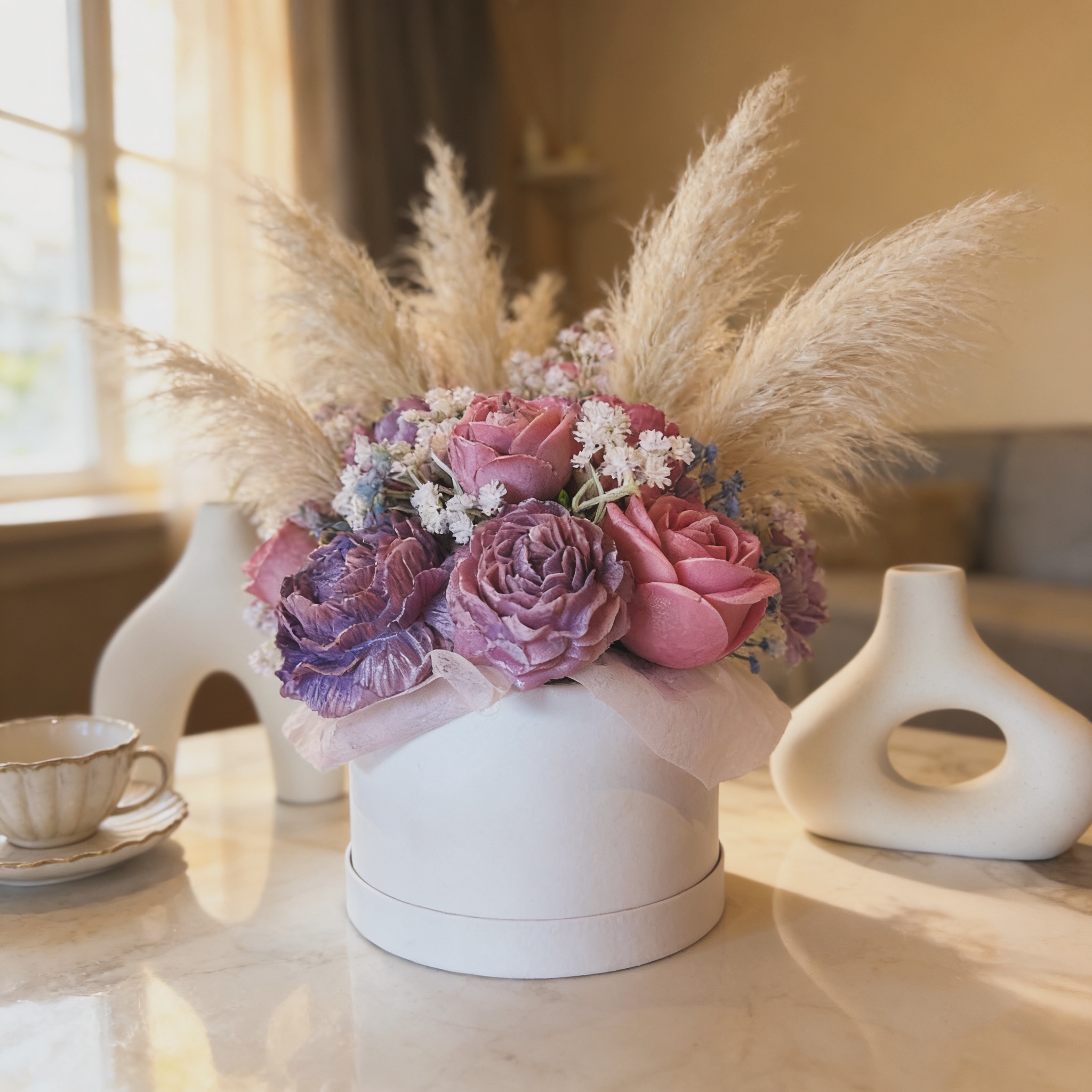 Mauve sculpted rose candles with pampas grass in a white box