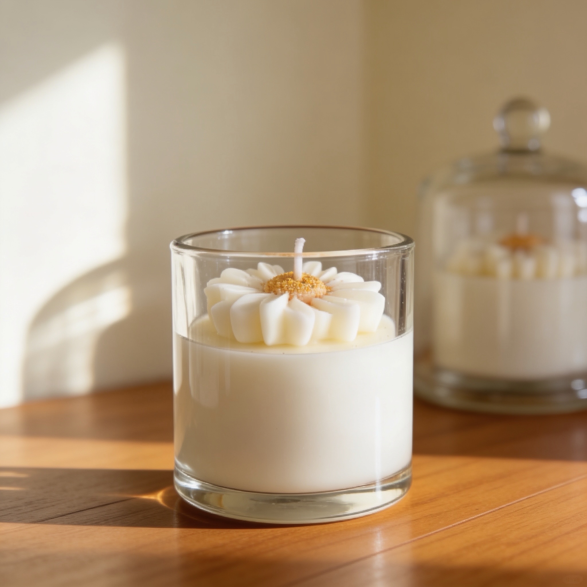 White daisy sculpted candle in a clear glass tumbler
